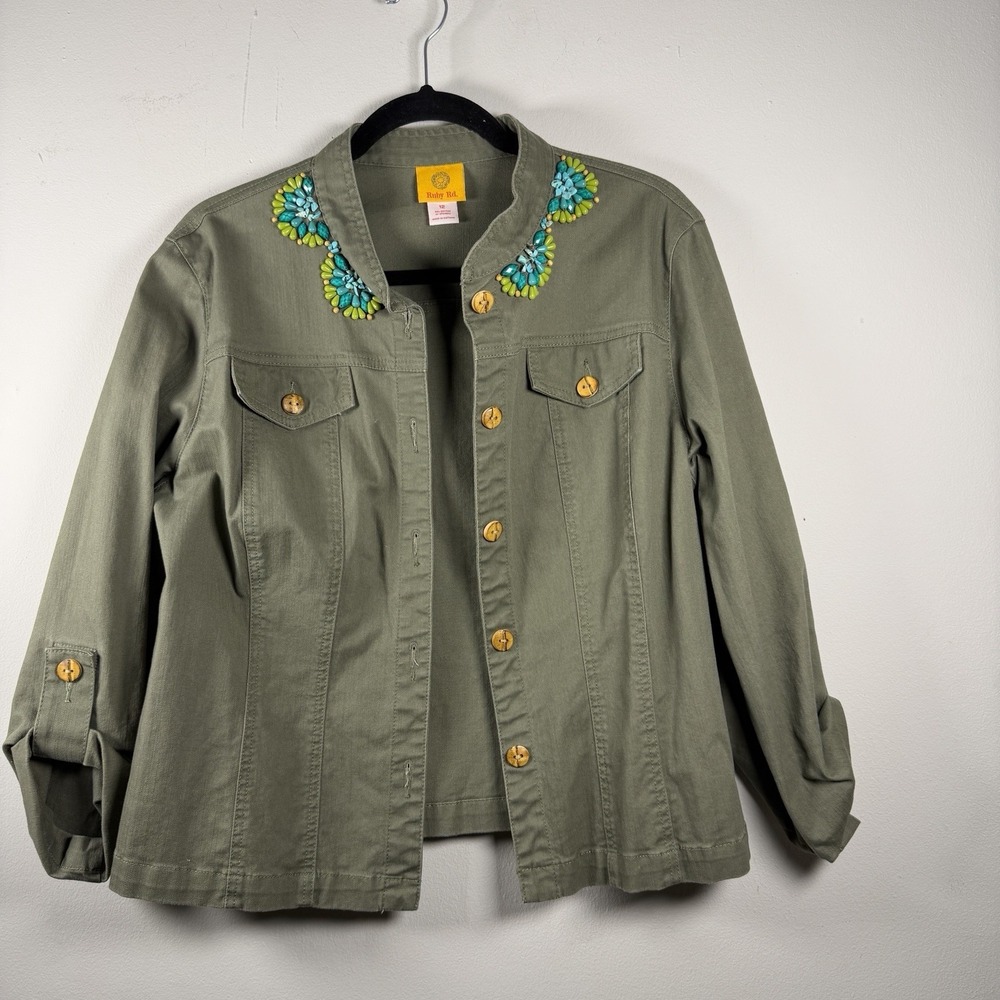 Ruby‎ Rd. Short Fitted Jacket 12 Green 3/4 sleeves Beads Roll Sleeve BOHO Cotton